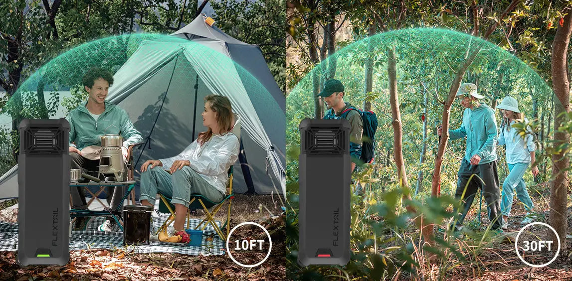 Flextail Max Repeller S â campsite scene beside tent and lantern.