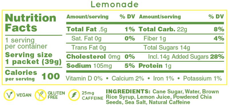 Huma Chia Energy Gel - Lemonade nutrition facts and ingredients label.