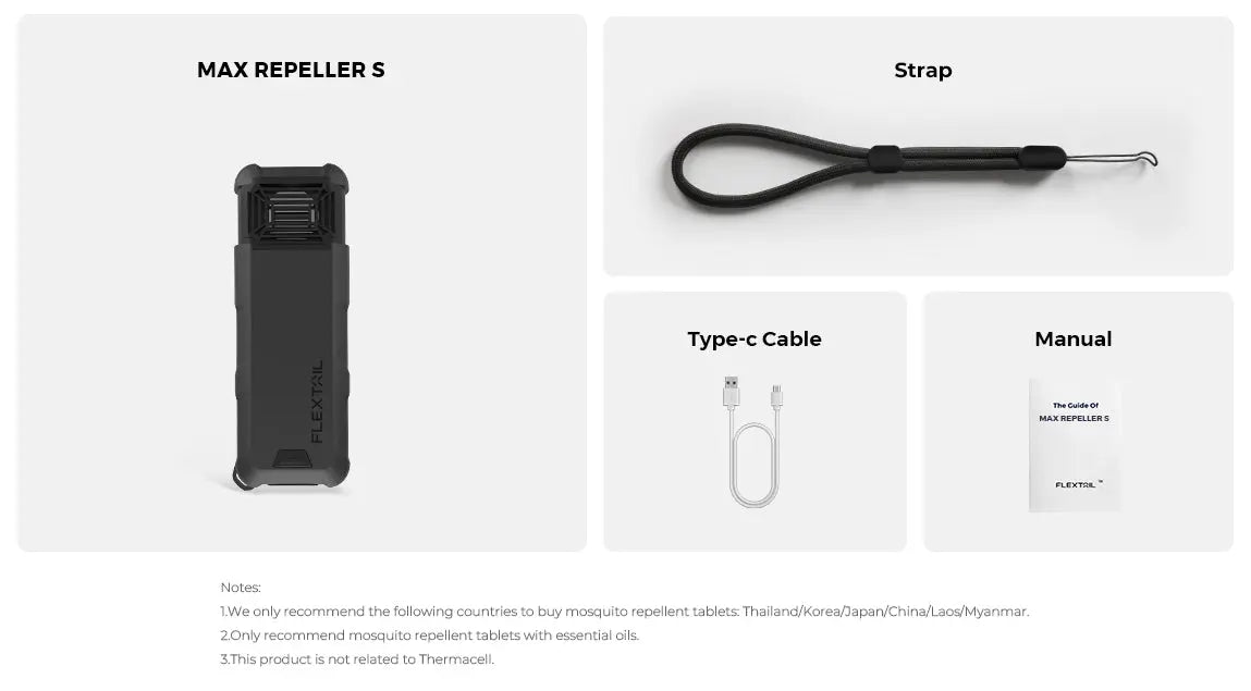 Flextail Max Repeller S â device with repellent mat and accessories laid out.