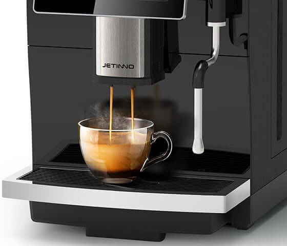 Jetinno JL09 automatic espresso coffee machine making a cup of steaming coffee, ideal for outdoor basecamp use.