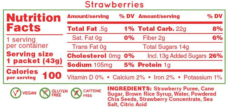 Huma Chia Energy Gel - Strawberries nutrition facts and ingredient list for athletic performance with vegan and gluten-free icons.