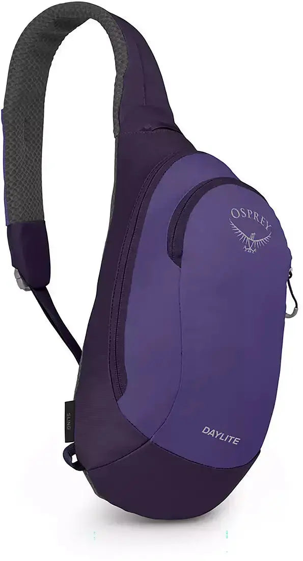 Osprey Daylite Sling in purple with ambidextrous carry, breathable spacermesh, cell phone sleeve, dual zippers, and daisy chain details.