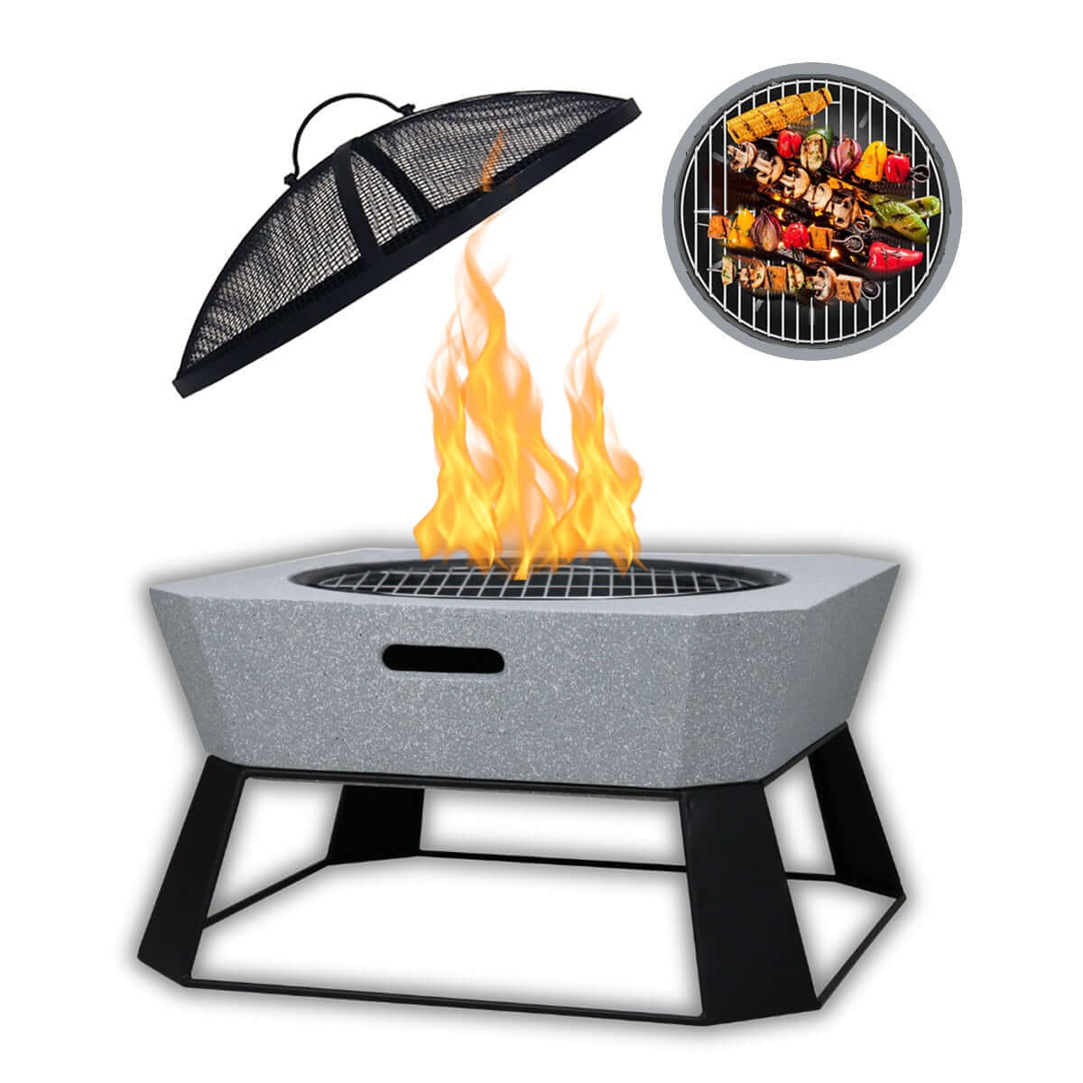 MGO Square Fire Pit burning logs safely at a desert campsite