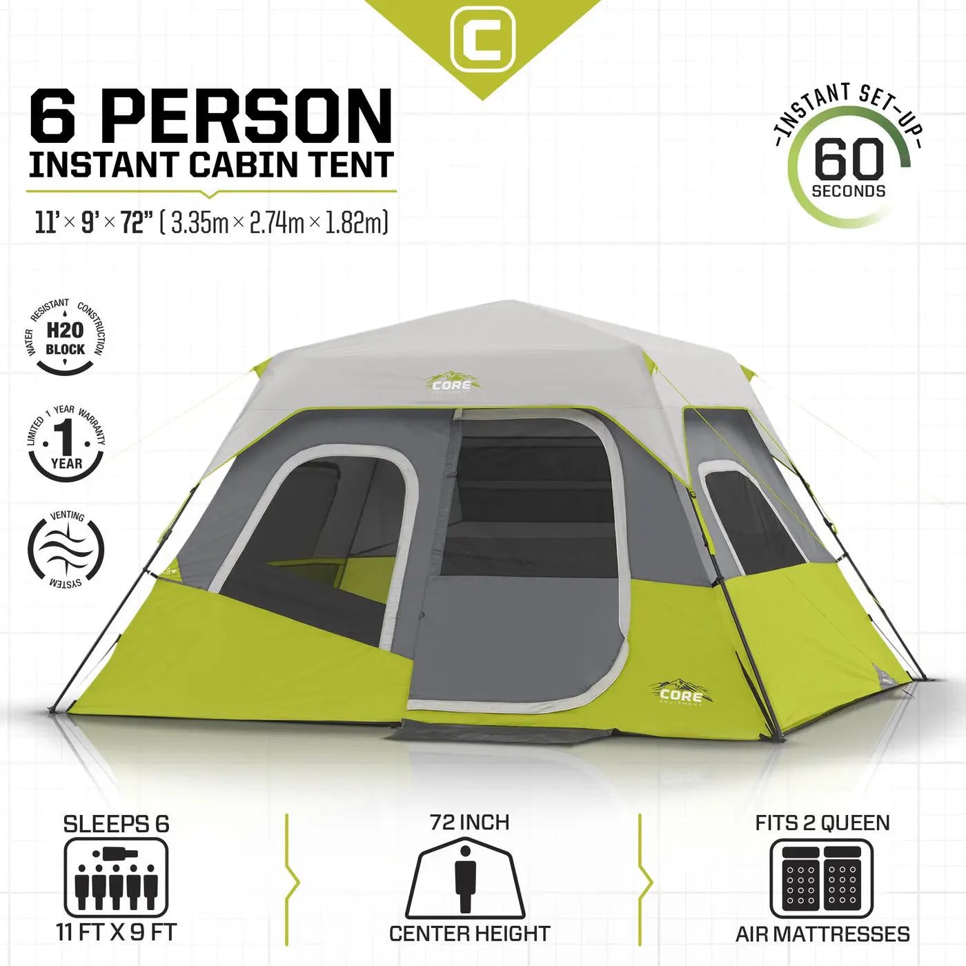 Core Equipment 6 Person Instant Cabin Tent 11' x 9'