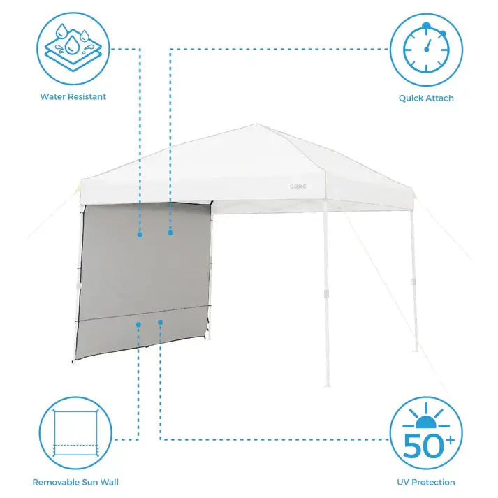 Core Equipment Sun Wall Accessory attached to a 10' x 10' canopy, providing UV 50+ protection and wind resistance at an outdoor event.