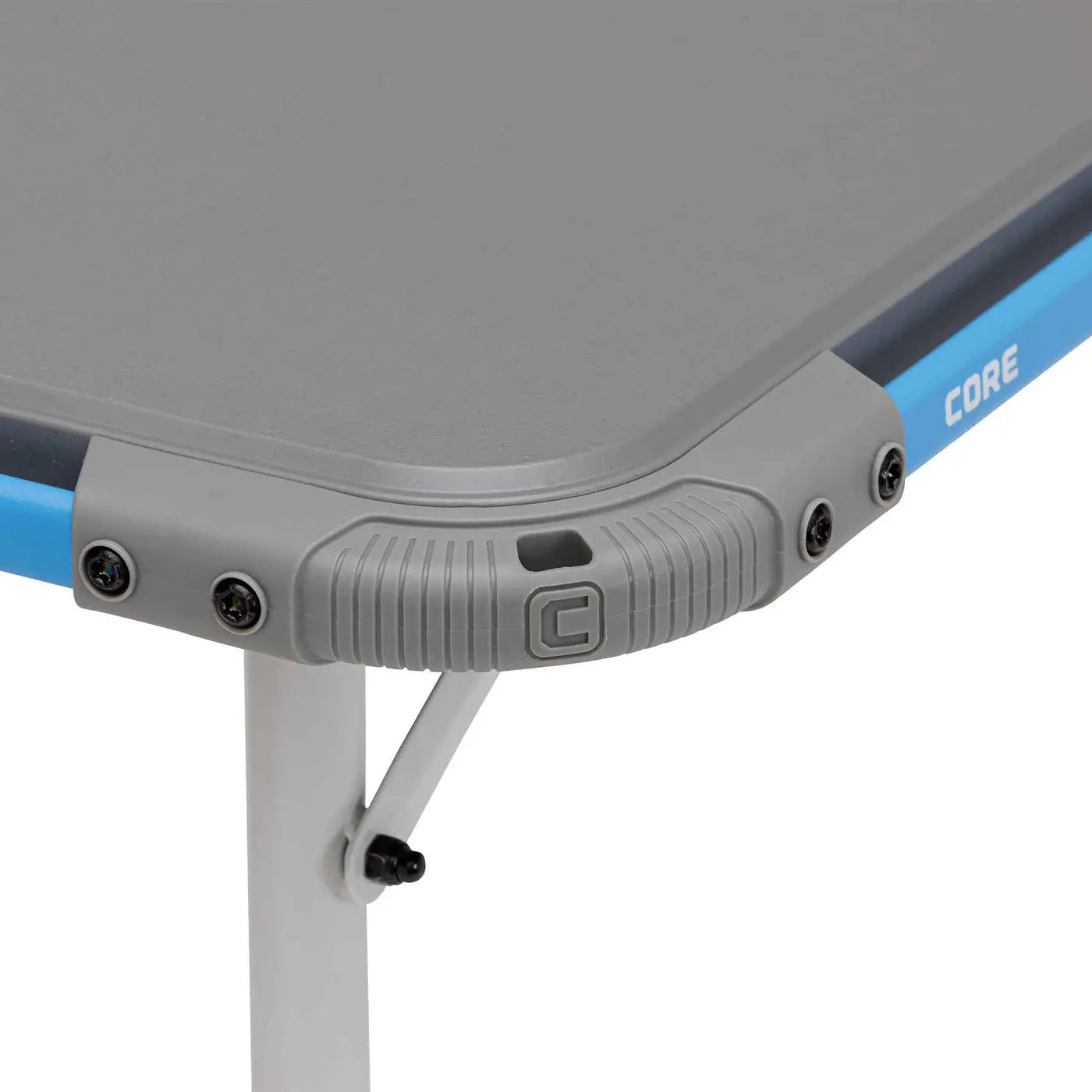 Core Equipment 4 Foot Outdoor Table with FlexRail β stain- and UV-fade-resistant tabletop surface close-up.