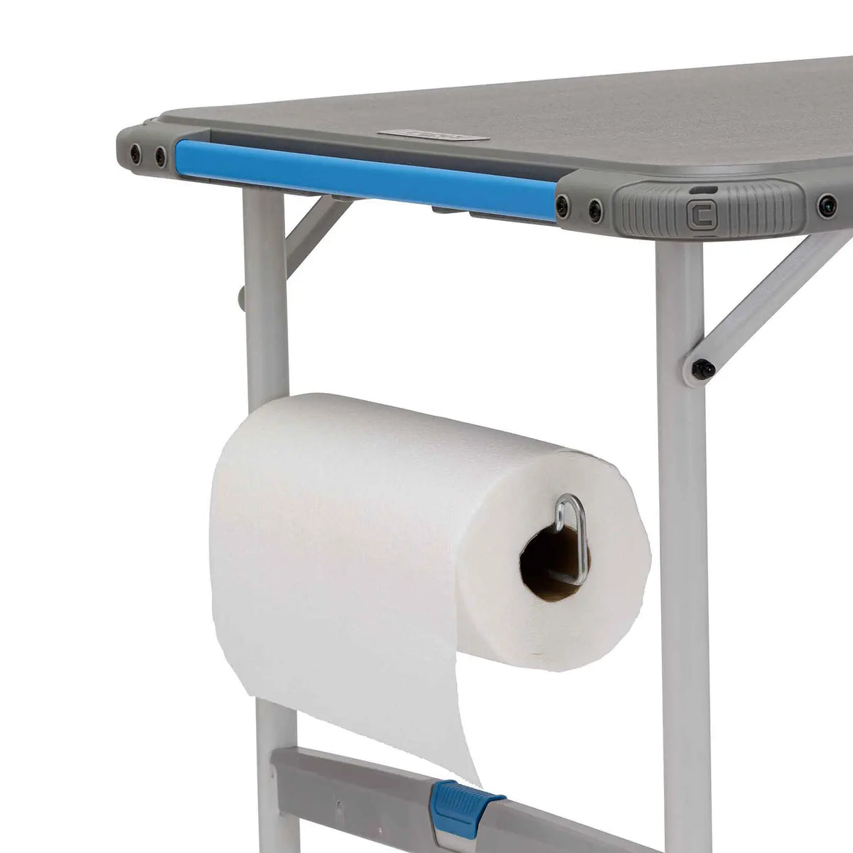 Core Equipment 4 Foot Outdoor Table with FlexRail β accessories organized along the rail during outdoor cooking.