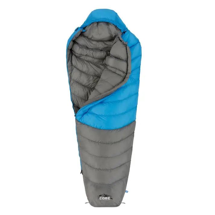 Core Equipment 30 Degree Mummy Sleeping Bag in blue and gray designed for outdoor adventures.