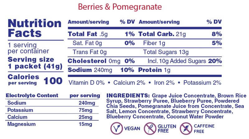 Nutrition facts and ingredients of Huma Chia Energy Gel Plus - Berries & Pomegranate, including calories, electrolytes, and vegan information.