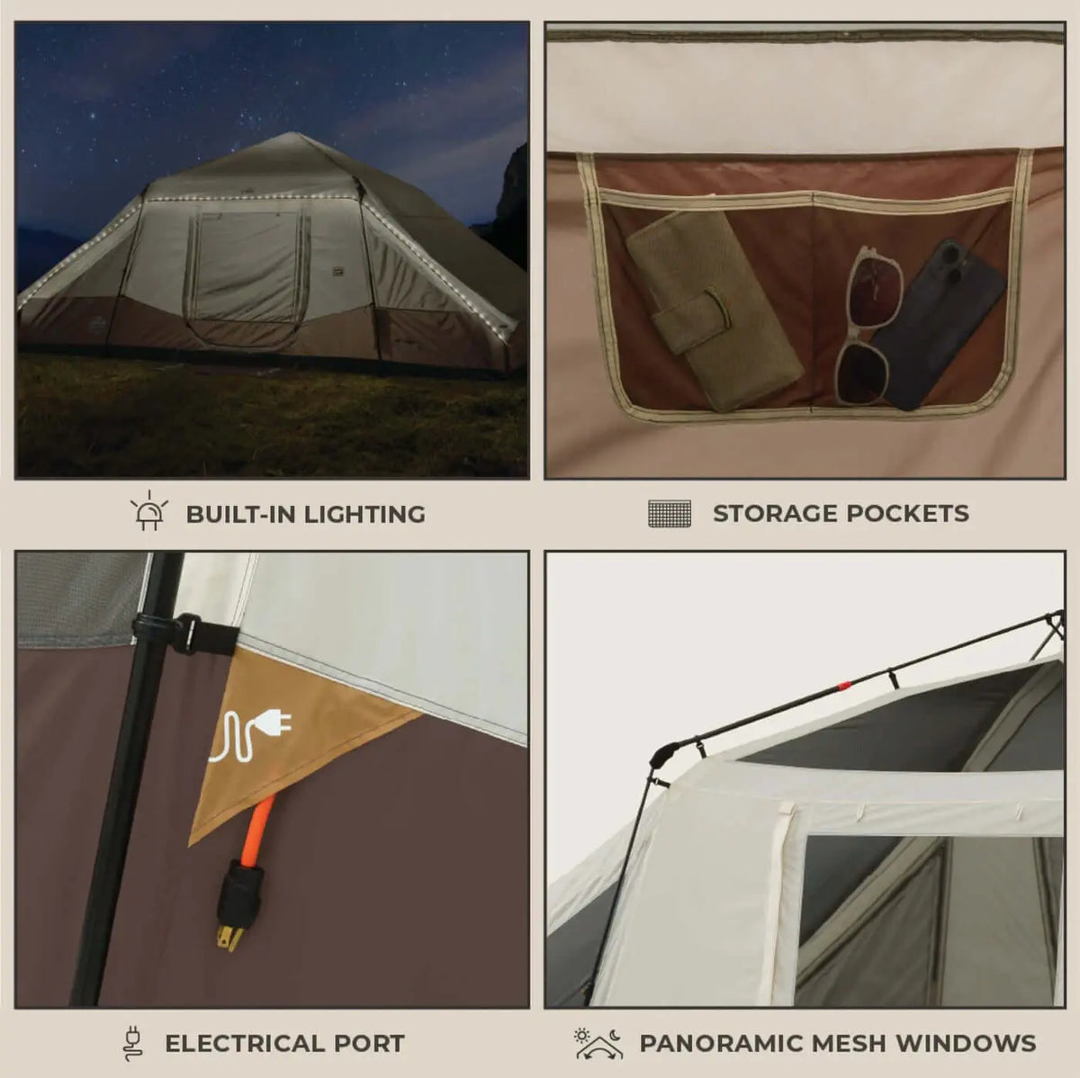10 Person Lighted Instant Pyramid Tent - 16' x 9' features built-in lighting, storage pockets, electrical port, and mesh windows.
