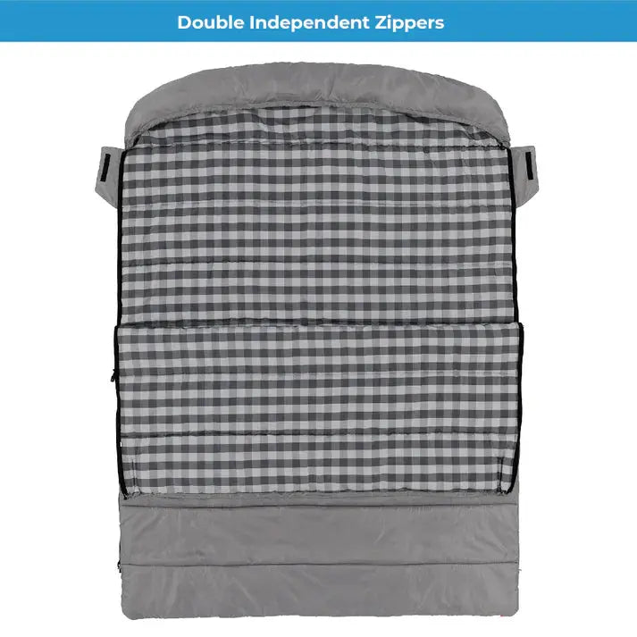 Core Equipment 40 Degree Double Cool Climate queen sleeping bag with double independent zippers, checkered pattern.
