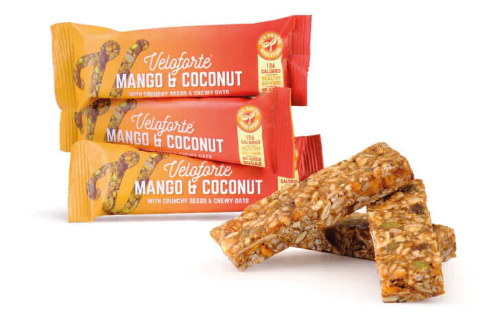 Veloforte Mango & Coconut Oat Snack Bar unwrapped