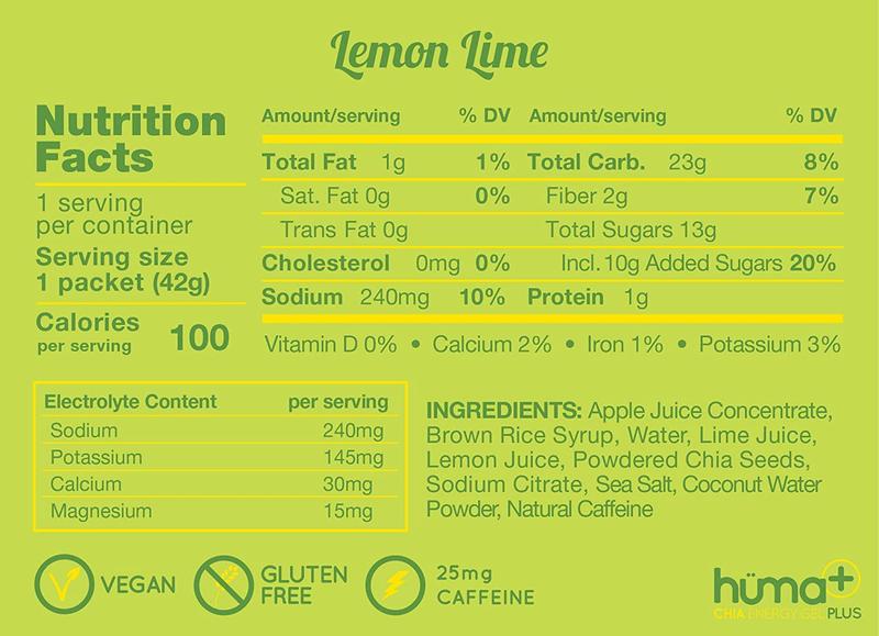 Nutrition facts label for Huma Chia Energy Gel Plus - Lemons and Limes, highlighting electrolytes and ingredients in a 42g packet.