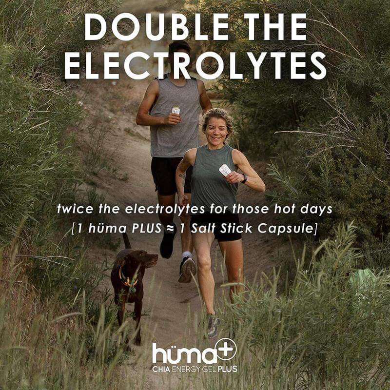 Huma Chia Energy Gel Plus - Lemons and Limes promoting double the electrolytes with runners in outdoor setting