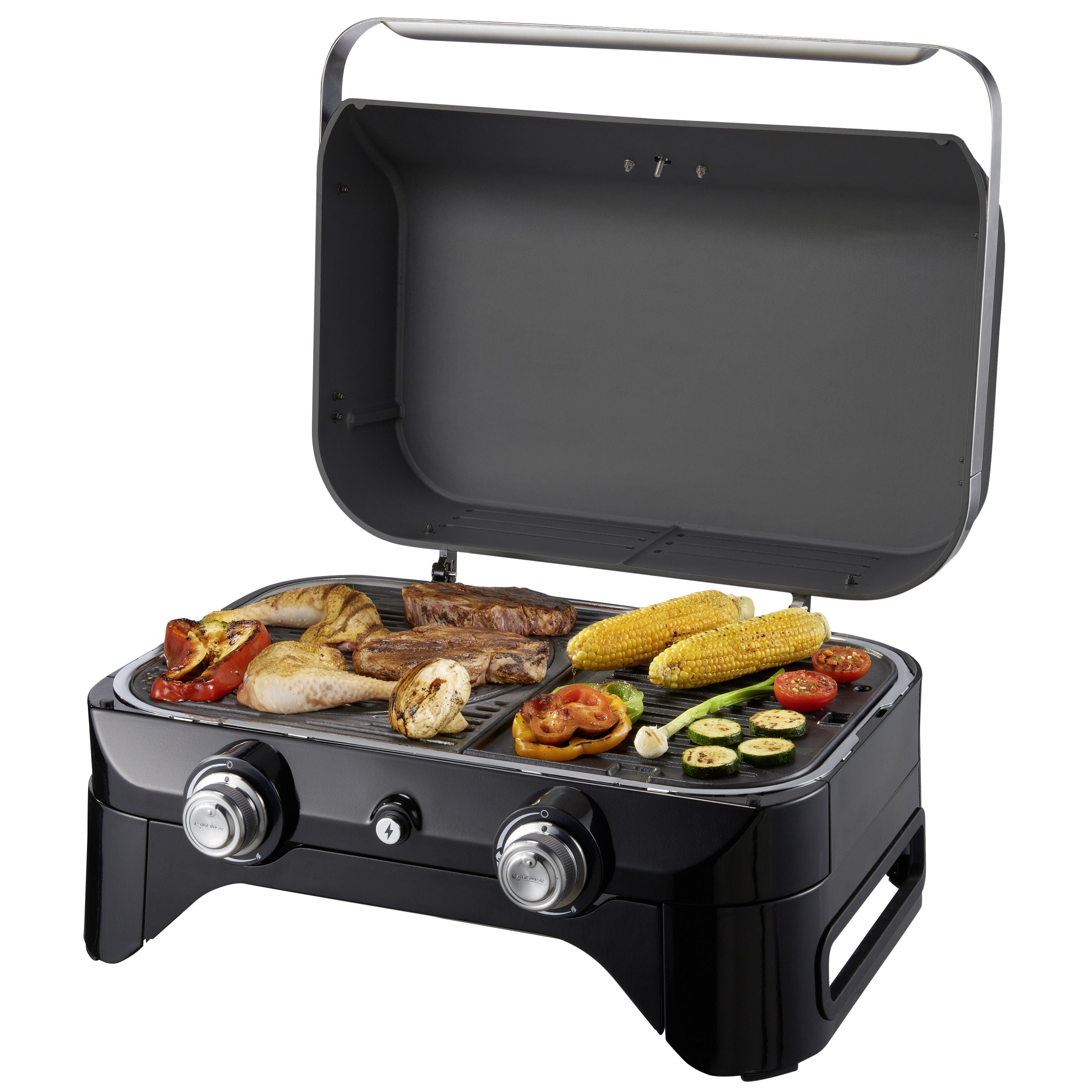 Campingaz Attitude 2100 LX Portable Gas Grill with open lid, grilling assorted vegetables and meats outdoors.