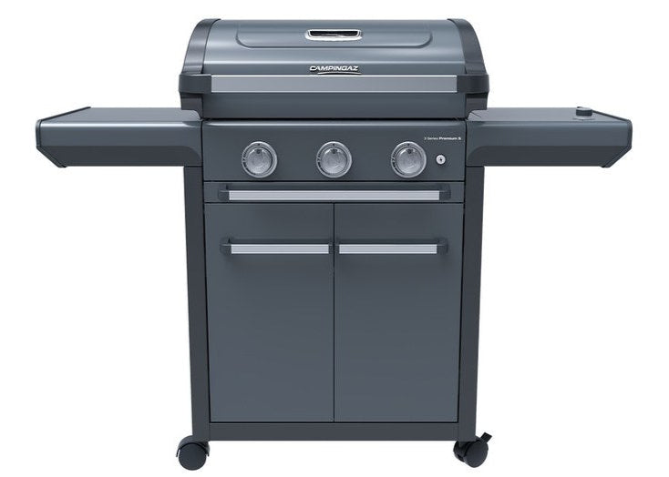 Campingaz 3 Series Premium S Gas Grill with three burners and side tables for outdoor cooking.