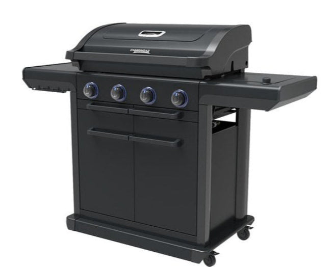 Campingaz 4 Series Onyx S Outdoor Gas BBQ Grill with sleek black design and four burners, ideal for backyard gatherings.