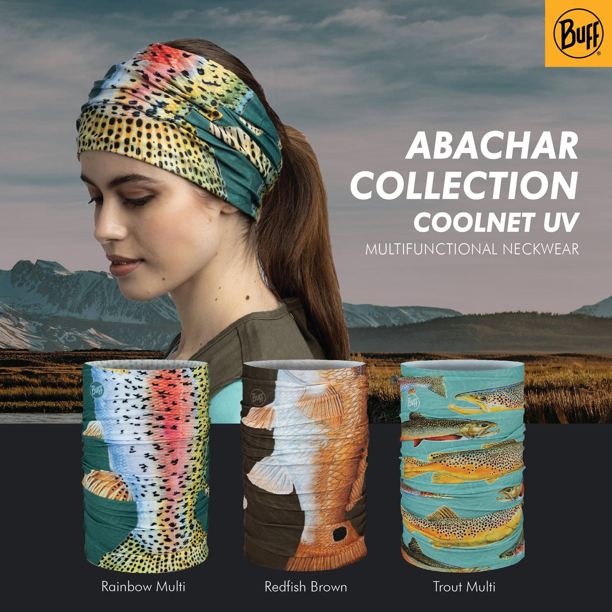 Buff CoolNet UV Neckwear Amadeo Bachar - Abachar Trout Multi - Shop Neck Gaiters at Trekaline