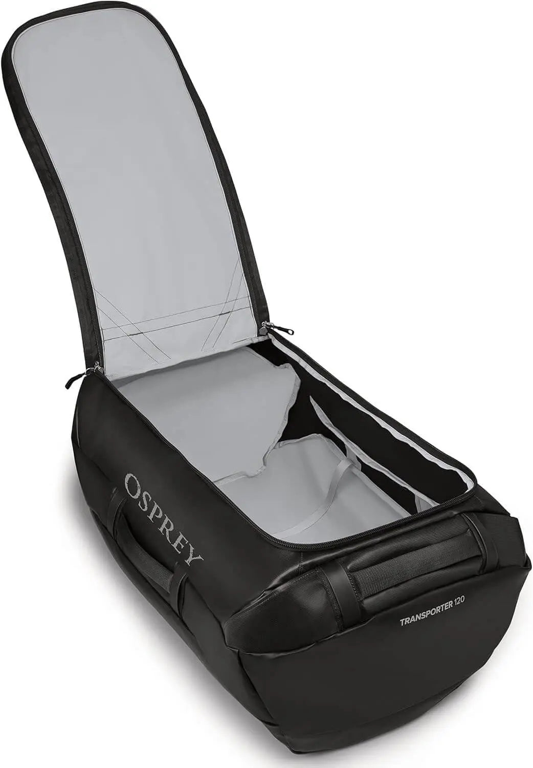 Osprey Transporter Duffel 120 open, showcasing spacious interior and rugged design for travel and gear storage.
