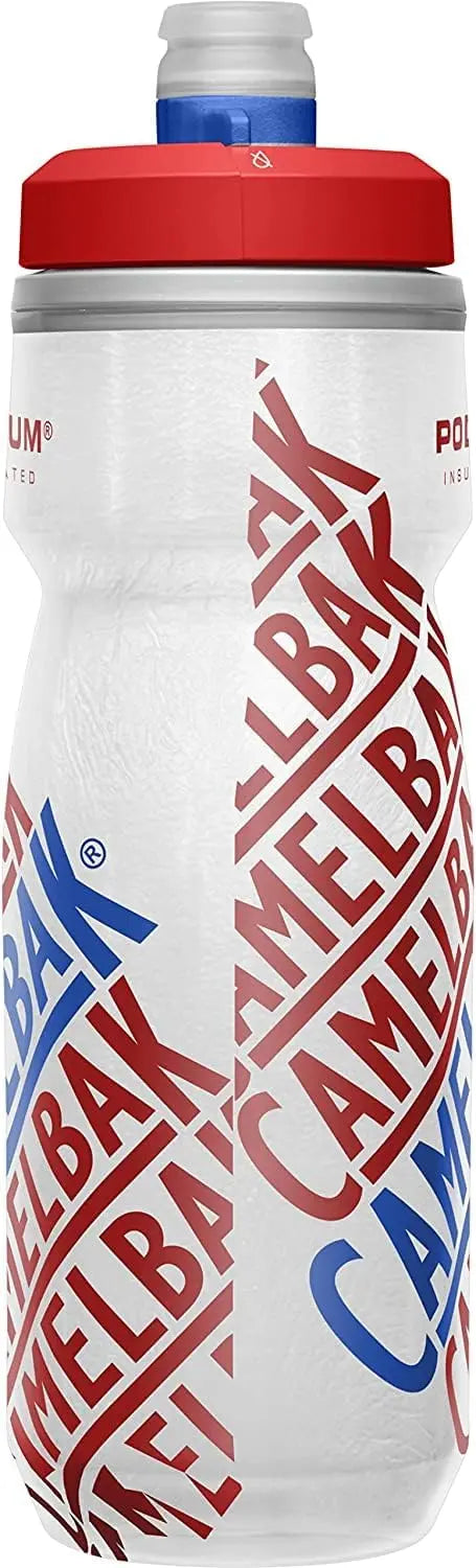 CamelBak Podium Chill Bike Bottle - 21 oz / 620 ml insulated water bottle with red lid and high flow valve.