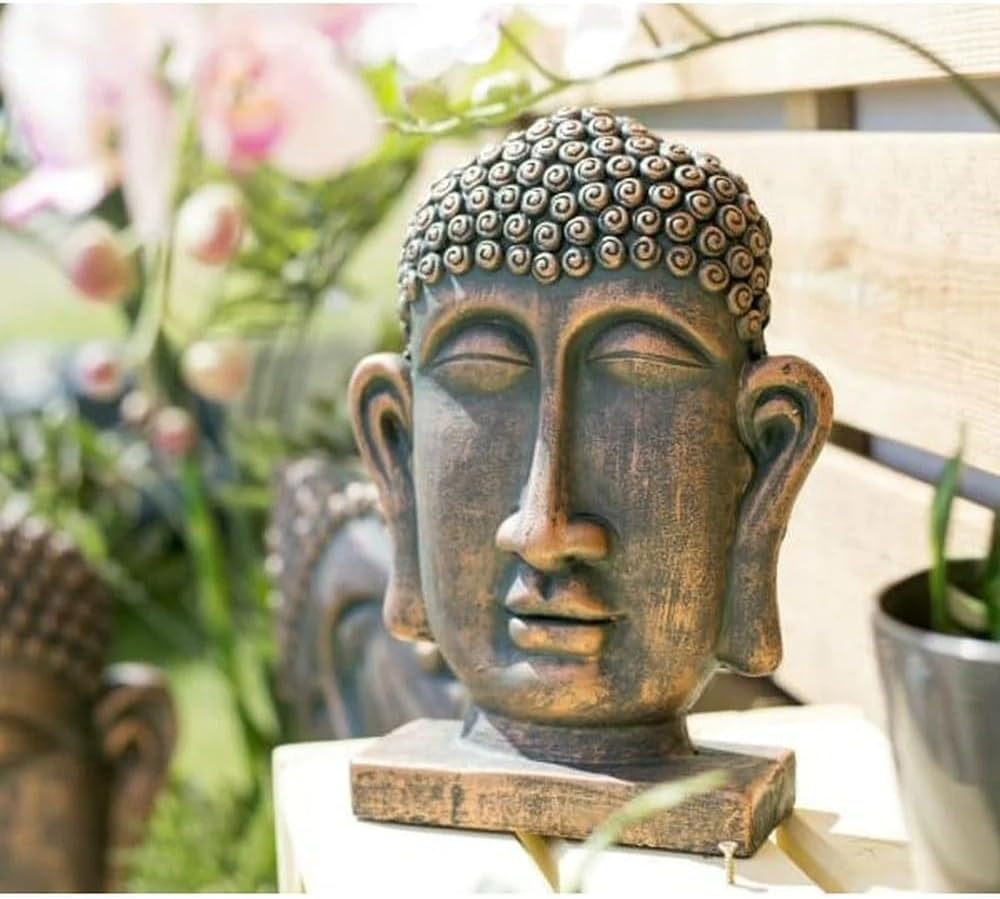 La Hacienda Male Buddha Head on Base Bronze Small - Shop Garden Decor at Trekaline
