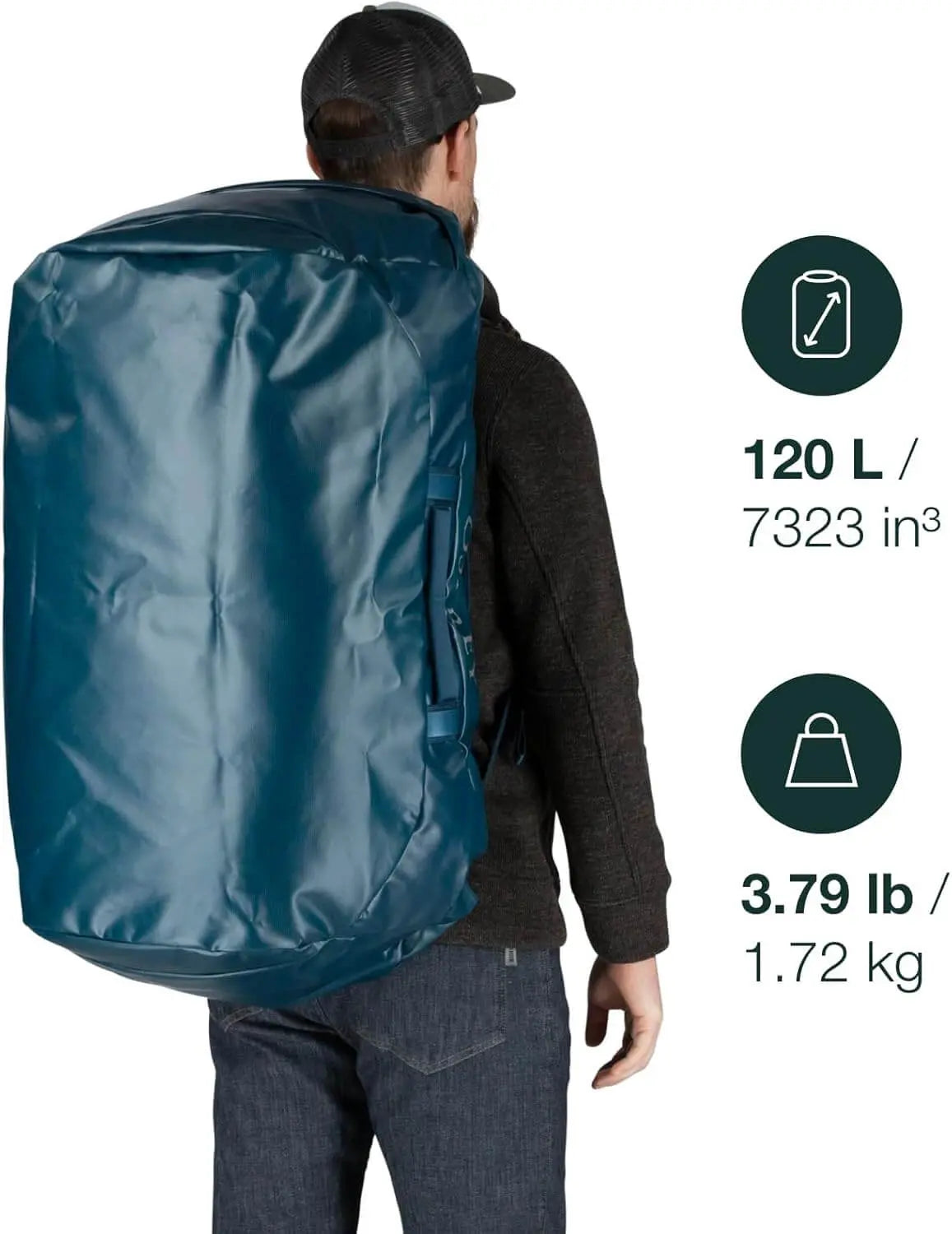 Osprey Transporter Duffel 120 in blue, worn by person, showcasing large capacity and lightweight design ideal for travel and gear storage.