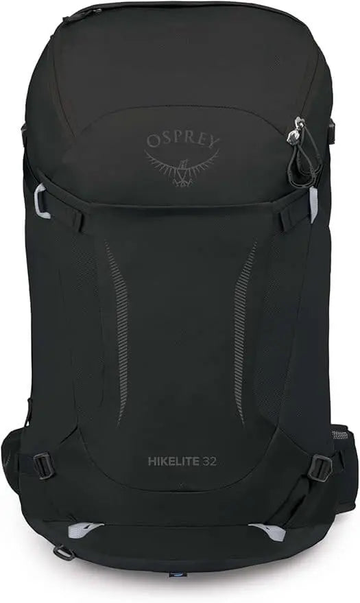 Osprey Hikelite 32 - Black lightweight hiking backpack with AirSpeed ventilation, bucket-style compartment, and padded hipbelt.