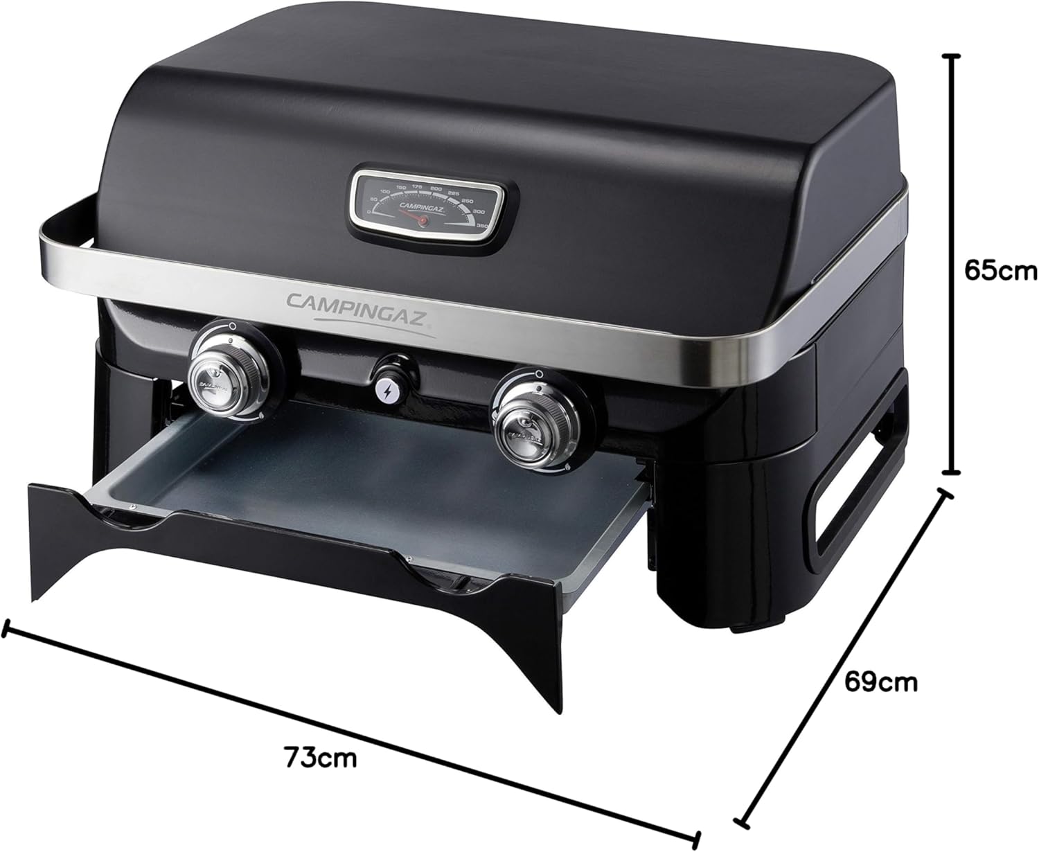 Campingaz Attitude 2100 LX Portable Gas Grill with dimensions displayed, featuring compact design ideal for outdoor cooking.