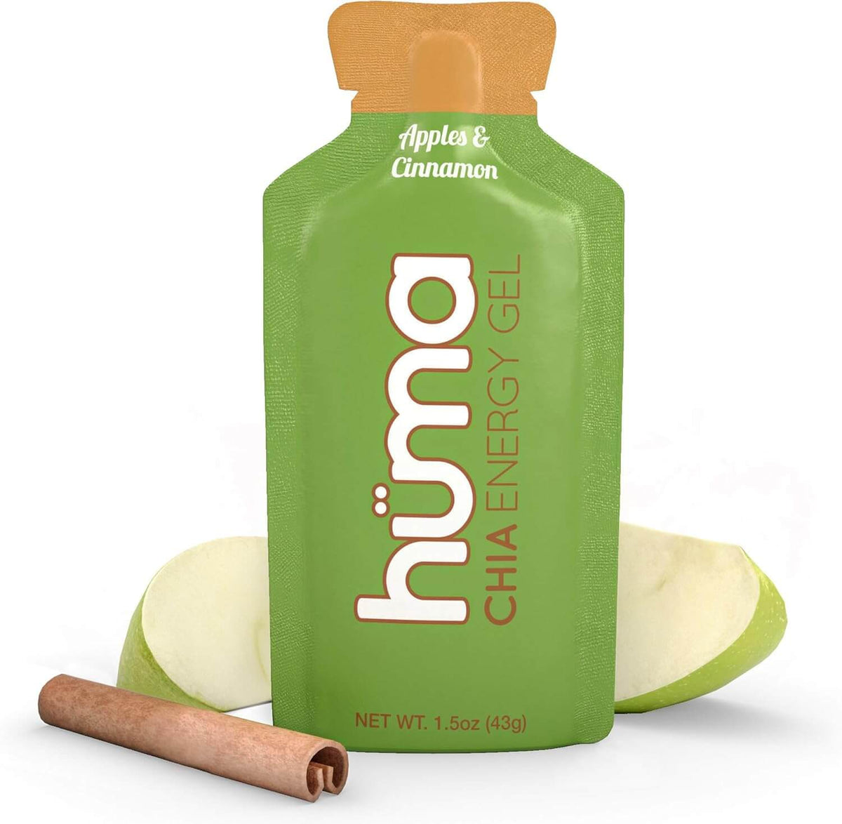Huma Chia Energy Gel - Apple and Cinnamon, 43g pouch with apple slices and cinnamon stick; natural energy for outdoor activities.