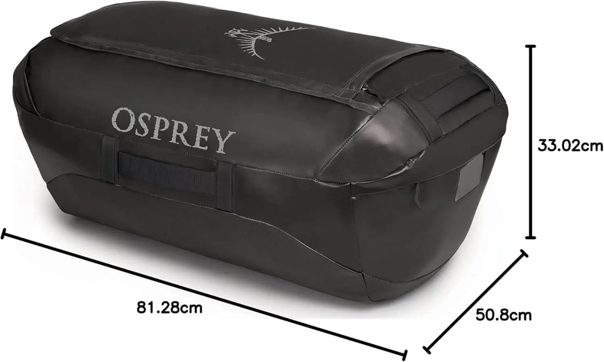 Osprey Transporter Duffel 120 in black, weather-resistant fabric with stowaway harness, perfect for travel and gear storage.