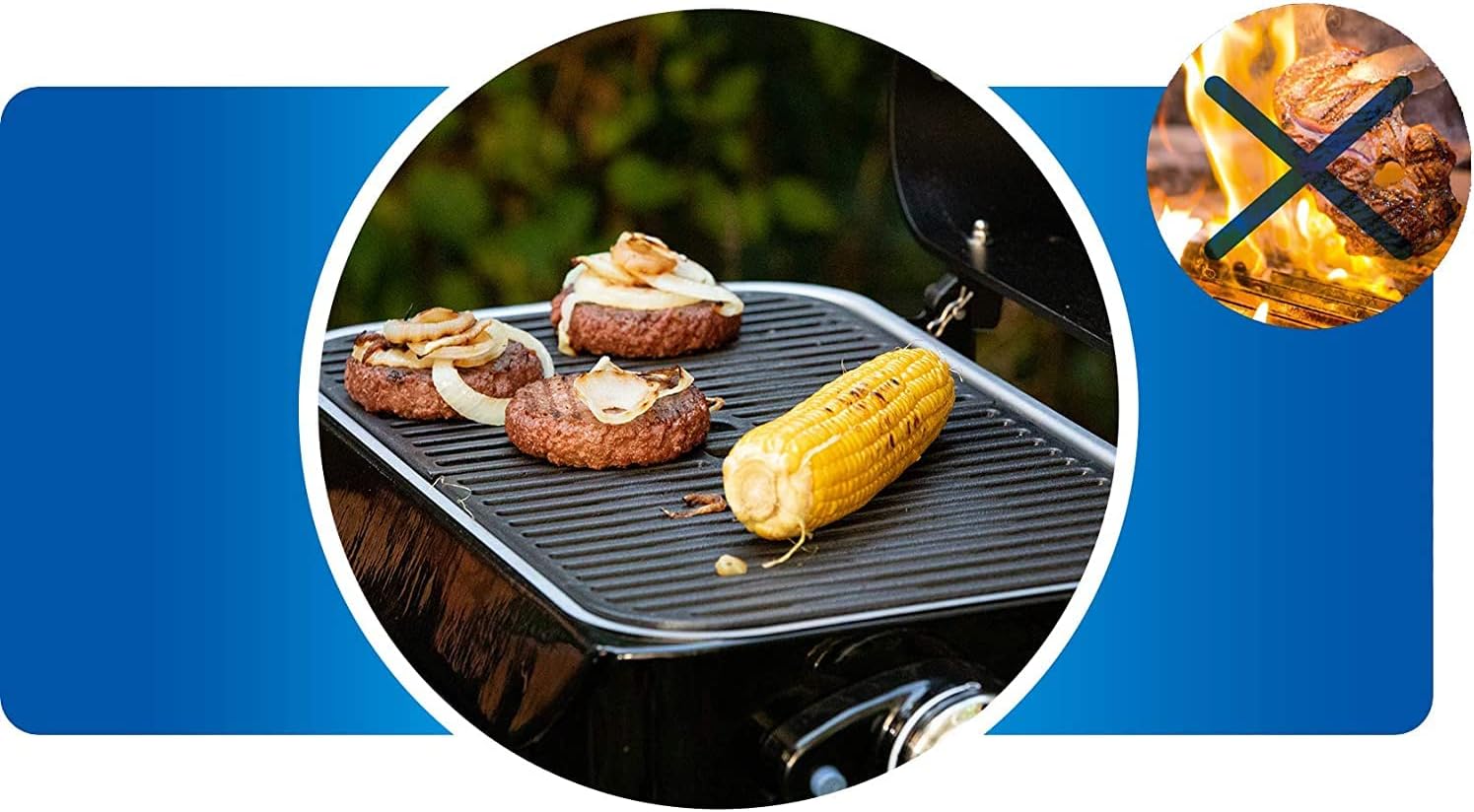 Campingaz Attitude 2go CV Tabletop Gas Grill with burgers and corn grilling outdoors