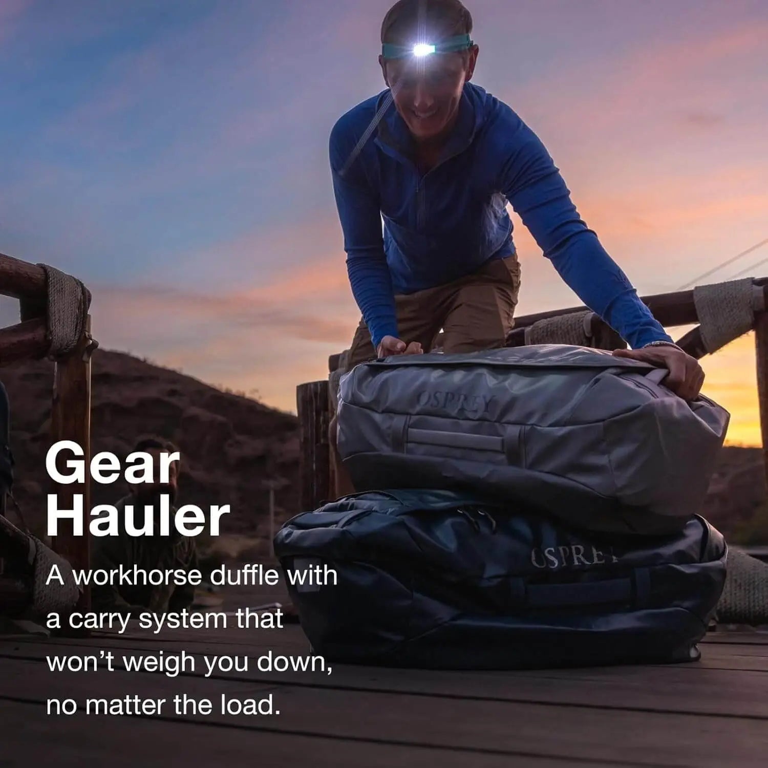 Osprey Transporter Duffel 120 rugged travel bag with stowaway harness, perfect for heavy gear. Built with bluesignÂŽ approved materials.