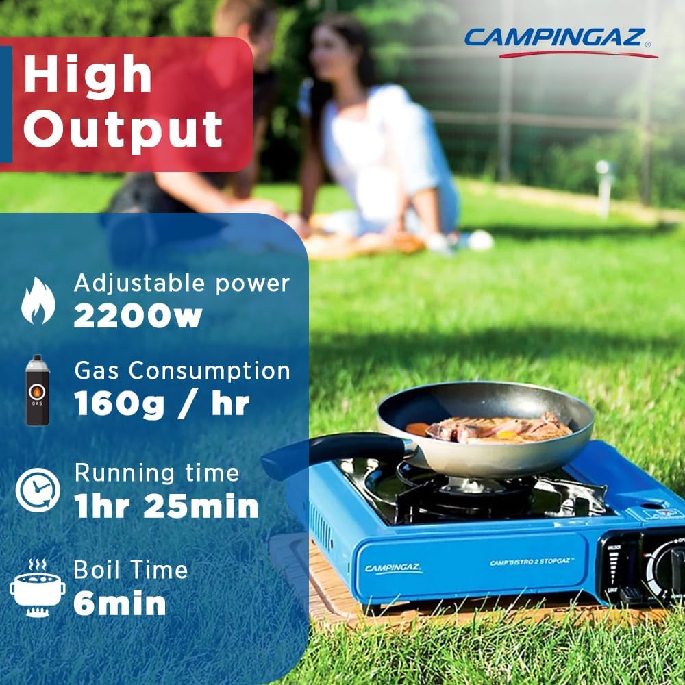 Campingaz Bistro 2 Portable Camp Stove with high output and adjustable power, perfect for outdoor cooking.