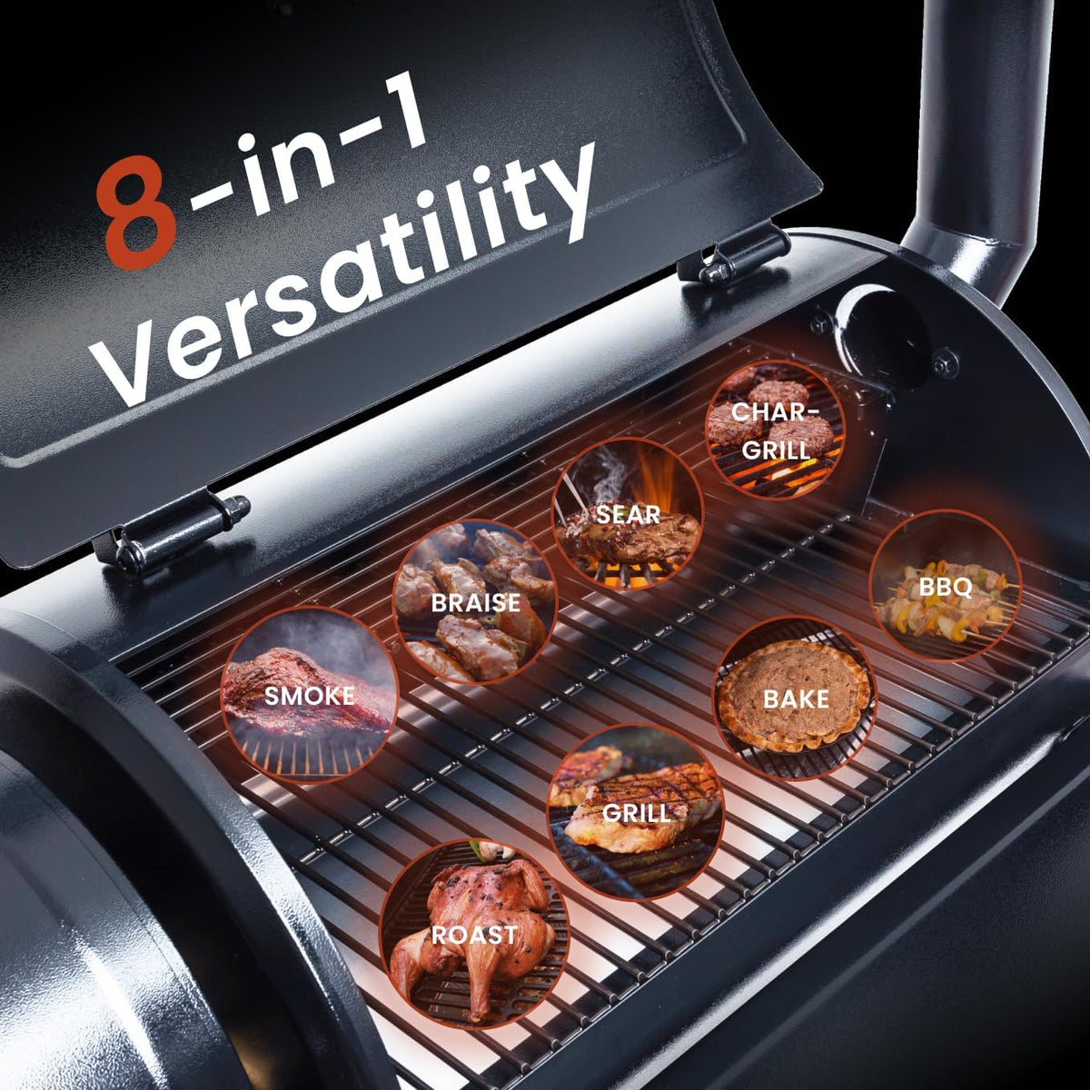 Z Grills Wood Pellet Grill and Smoker 450A with 8-in-1 cooking functions for smoke, roast, bake, grill, BBQ, braise, and sear.