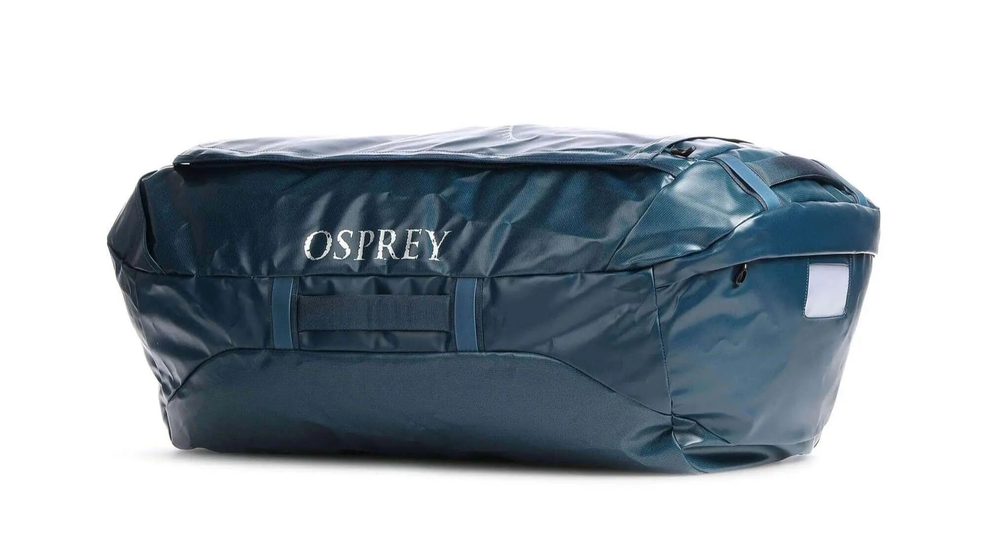 Osprey Transporter Duffel 120, rugged weather-resistant gear bag for travel, features recycled polyester and TPU coating.