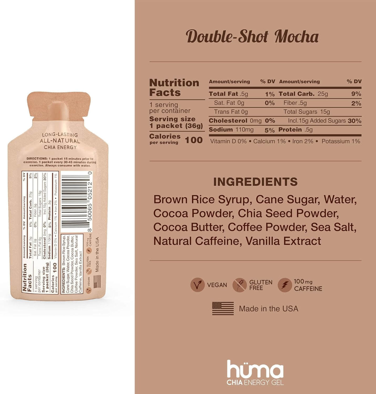 Huma Chia Energy Gel Double Shot Mocha back label