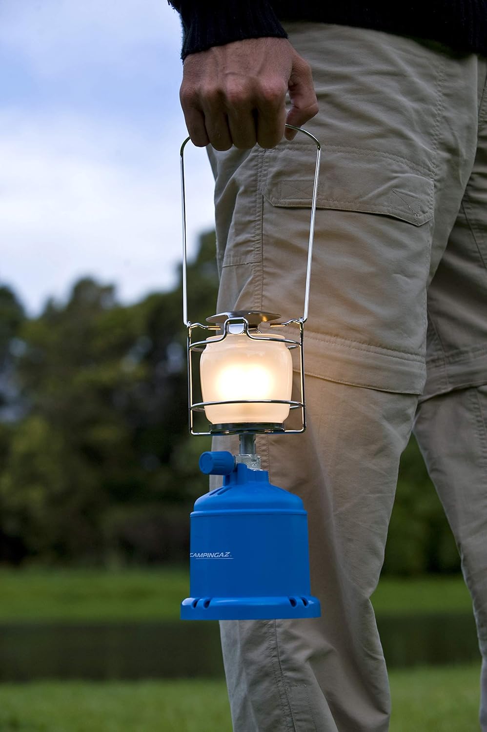 Campingaz 206L Gas Lantern - Outdoor camping light in use during dusk.