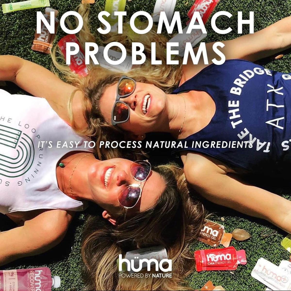 Women relaxing outdoors with Huma Chia Energy Gel Plus - Berries & Pomegranate, promoting natural ingredients and no stomach problems.