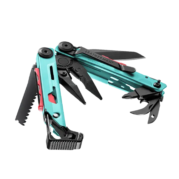 Leatherman Signal multi-tool with 19 essential tools shown open, ideal for survival and adventures in UAE landscapes, in display box.