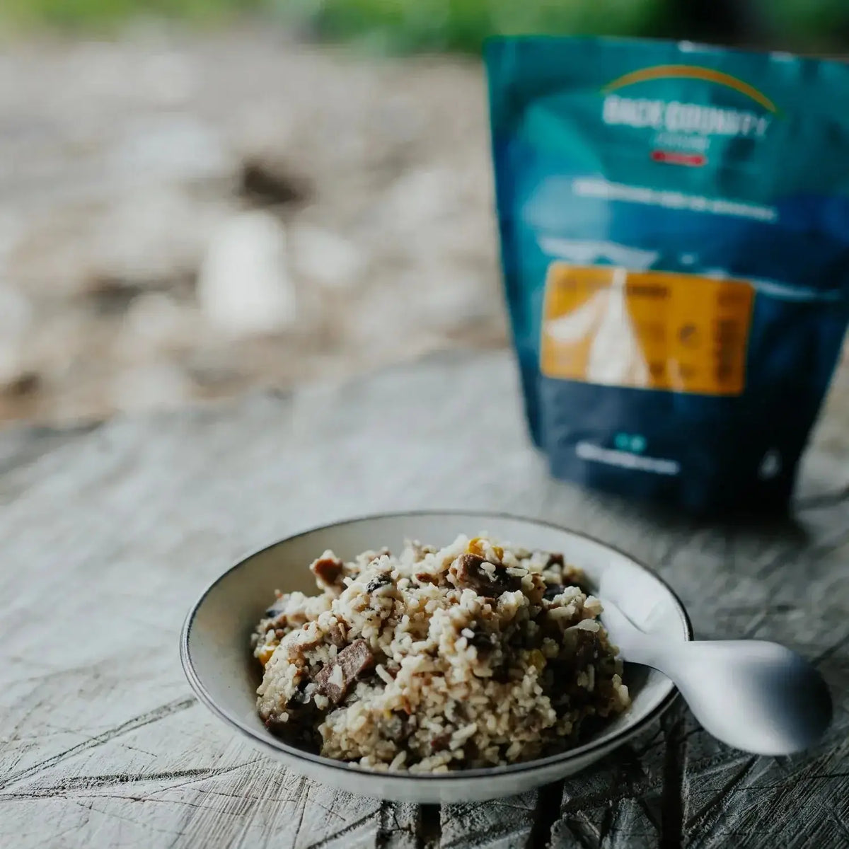 Back Country Cuisine Beef Stroganoff camping meal on a plate with product packaging.