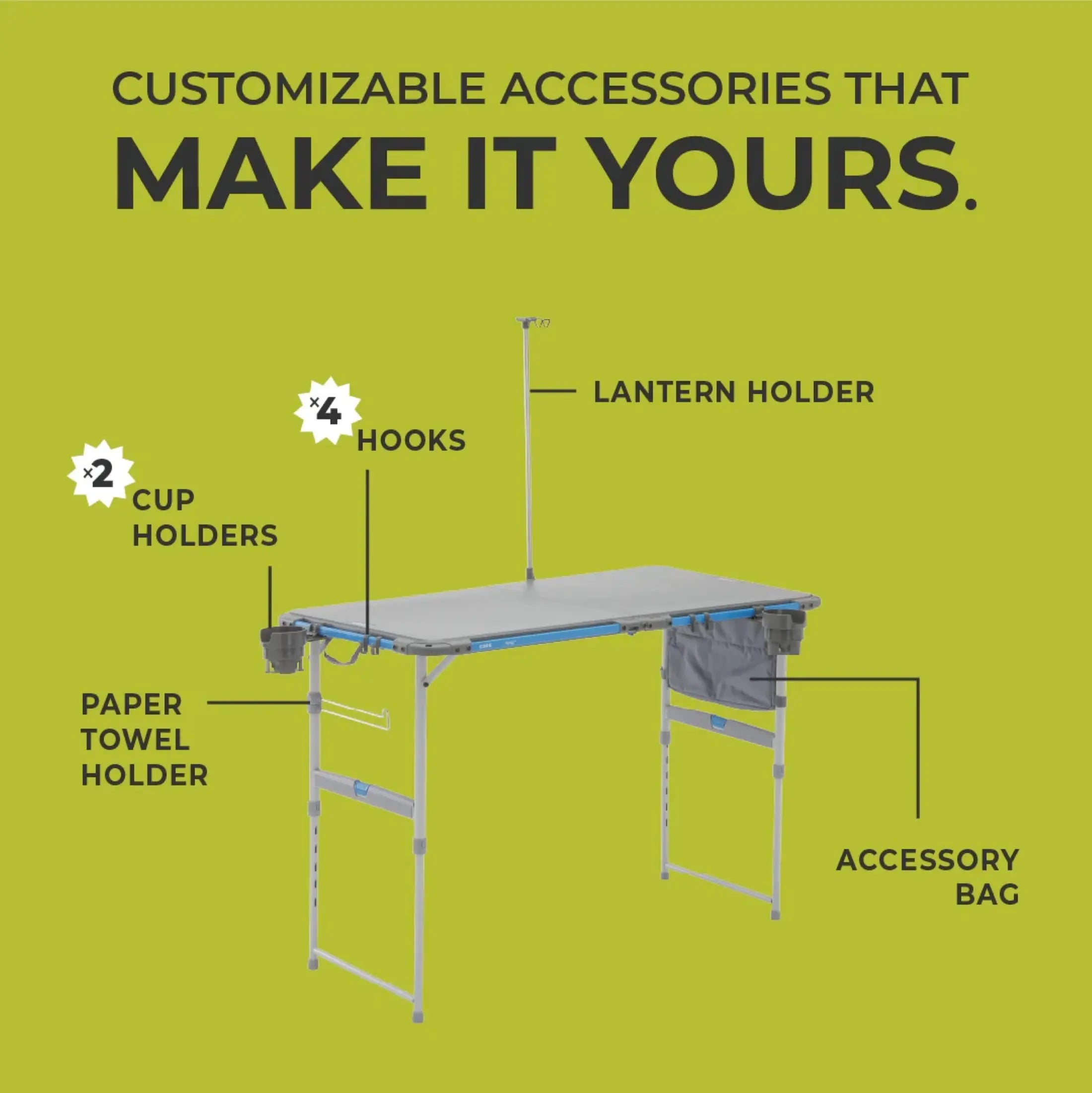 Core Equipment 4 Foot Outdoor Table with FlexRail β lantern/cup holder attachments on the FlexRail.