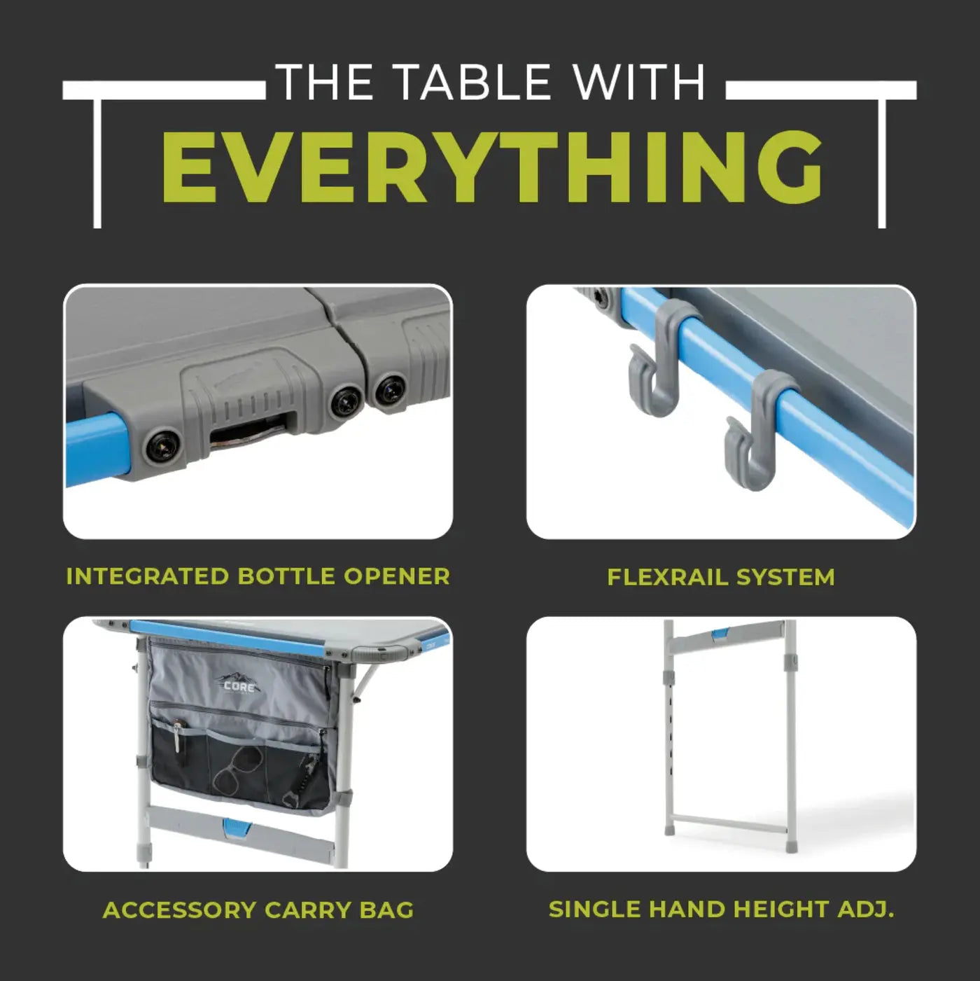 Core Equipment 4 Foot Outdoor Table with FlexRail β dimensions graphic around 50 x 26 in and 8 height settings.