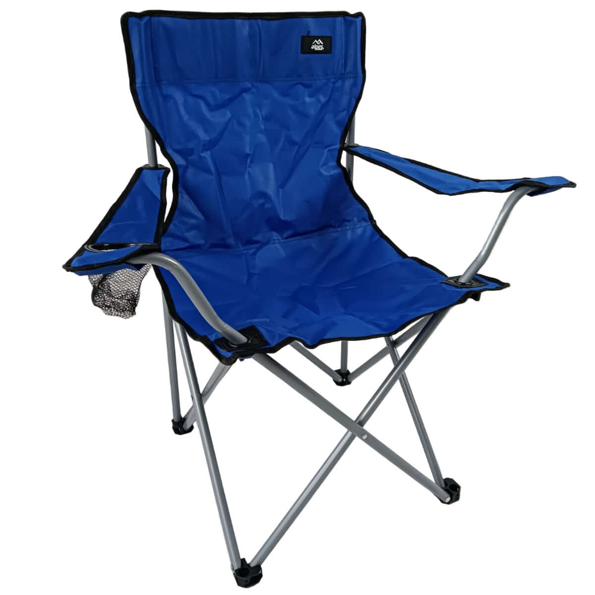 Small Folding Quad Chair in blue with durable fabric and integrated cup holder, perfect for outdoor activities.