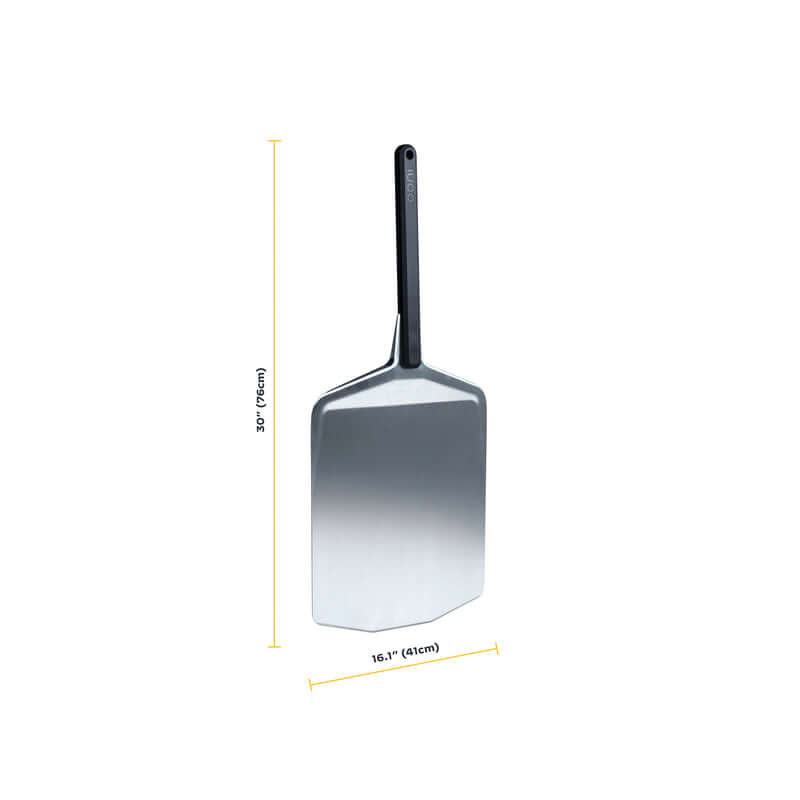Ooni Pizza Peel with measurements, essential outdoor cooking gear for launching and retrieving pizzas, versatile for any culinary setup.