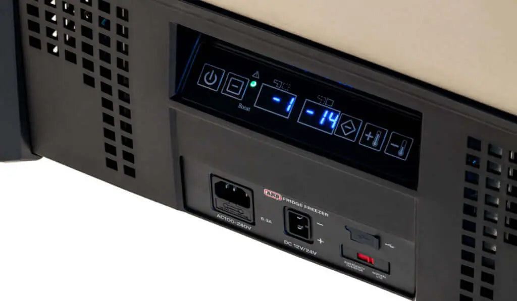 Control panel of ARB Zero Portable Fridge Freezer Dual Zone - 69L displaying temperature settings.