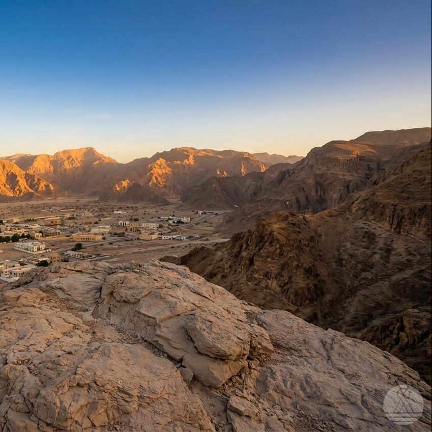 A scenic landscape photograph of a rocky desert valley with a small town nestled in the distance, under a clear blue sky at sunrise or sunset.