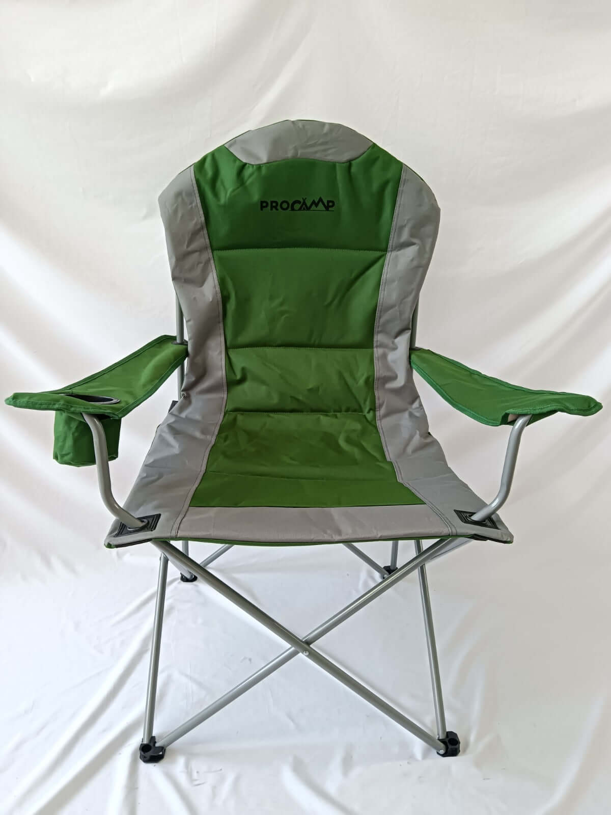 Lancelot Folding Camp Chairs in green and gray, featuring a lightweight and foldable design for outdoor comfort.