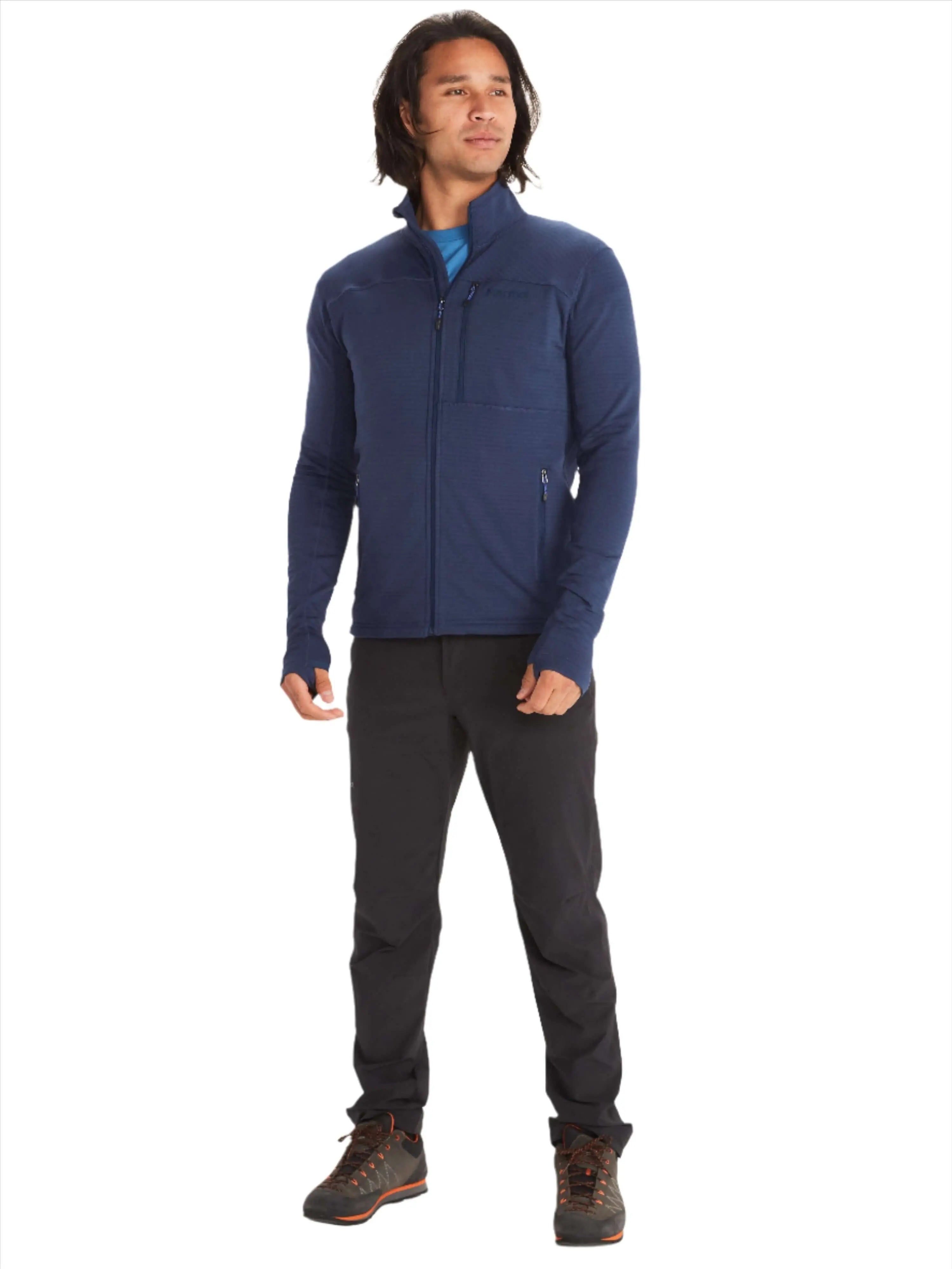Man wearing the Marmot Preon Jacket, a lightweight hiking fleece for men's alpine adventures.