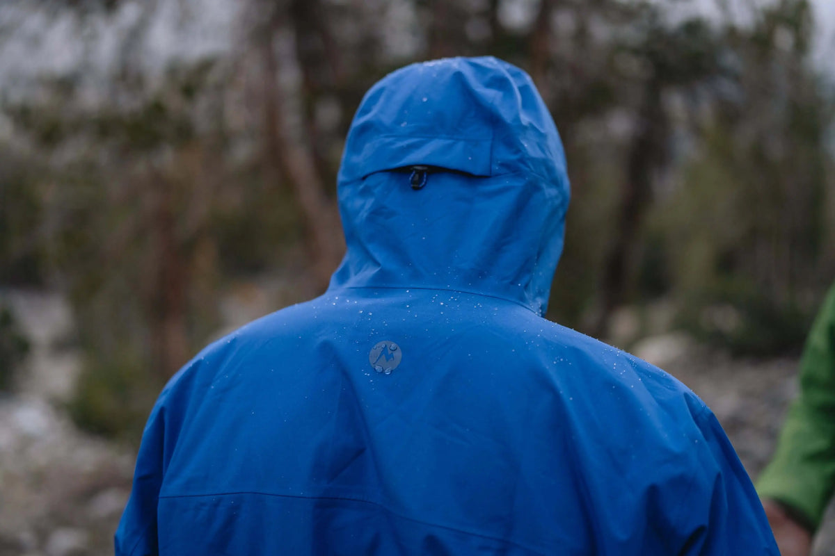 Back view of person wearing Marmot Gore-Tex Minimalist Pro Jacket in blue, outdoors in rainy weather.