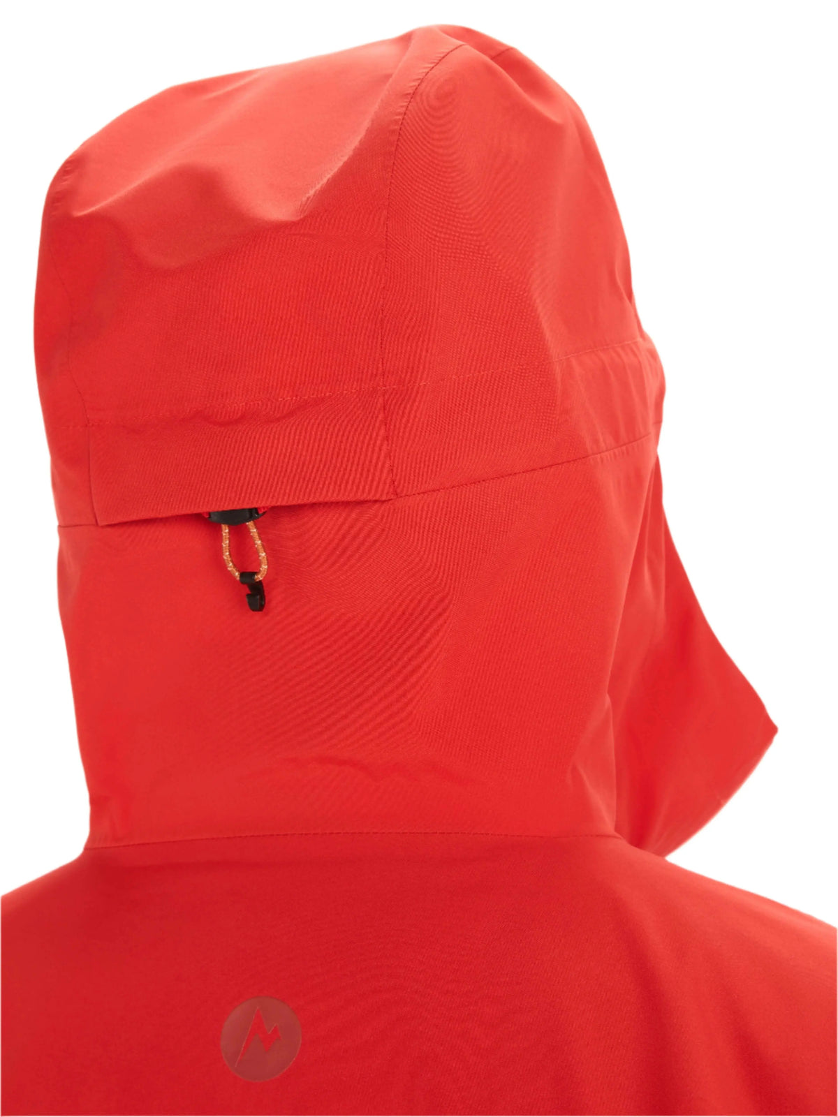 Rear view of the Marmot Gore-Tex Minimalist Pro Jacket in vibrant red, highlighting the hood design.